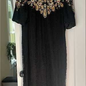 Black and Gold Sequin Sheath Dress with Flutter Sleeves